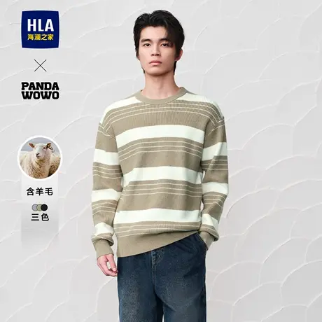 HLA/海澜之家panda wowo熊猫条纹针织衫24秋冬新含羊毛黑色毛衣男图片
