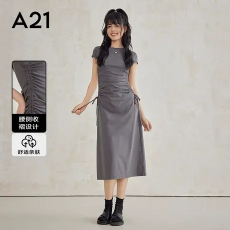 A21女装深灰色圆领短袖夏季休闲连衣裙收腰显瘦气质中长裙子图片