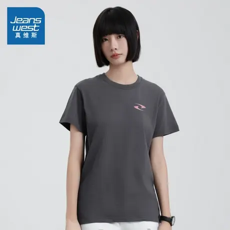VO真维斯女装圆领套头衫2025春季新款简约印花上衣女宽松短袖T恤商品大图