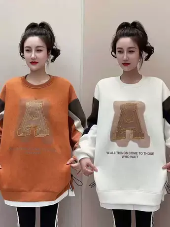 2023秋季新款假两件连帽卫衣休闲百搭韩版宽松圆领套头上衣外套潮图片