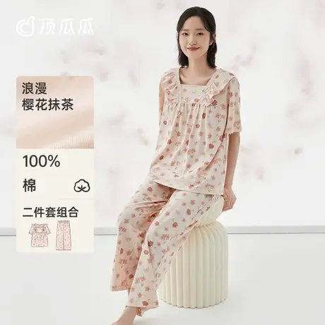 顶瓜瓜睡衣女款2025新款夏款顶呱呱甜美樱花女士纯棉薄款套头套装商品大图