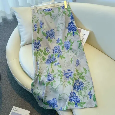 拉夏贝尔蓝色醋酸缎面半身裙女夏季薄款2025新款直筒a字裙包臀裙商品大图