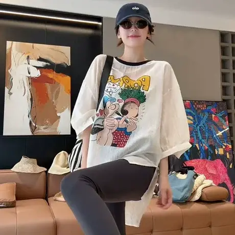 韩版时尚减龄印花中袖T恤女夏季新款设计感小众洋气百搭显瘦上衣商品大图