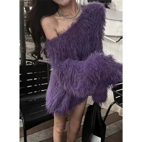 2022秋冬新款韩版洋气毛绒绒百搭宽松露肩毛衣针织衫中长款外套女商品大图