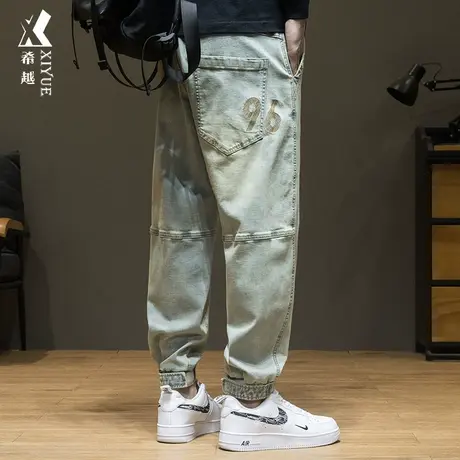 希越400g重磅牛仔裤男黄泥色秋季宽松大码潮牌痞帅束脚哈伦裤子男商品大图