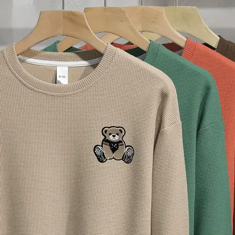 华夫格小熊卫衣男2023新款秋季潮流圆领长袖t恤宽松套头无帽上衣商品大图