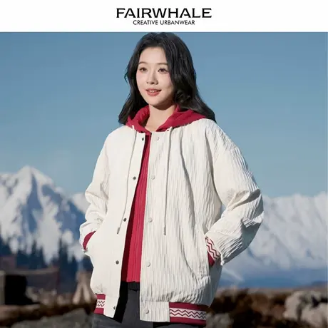 马克华菲美式复古假两件连帽外套女2025新款春秋宽松休闲百搭夹克图片