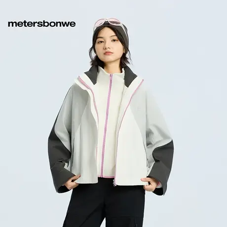 美特斯邦威夹克女2025秋新款机能户外三合一拼色摇粒绒内胆冲锋衣商品大图