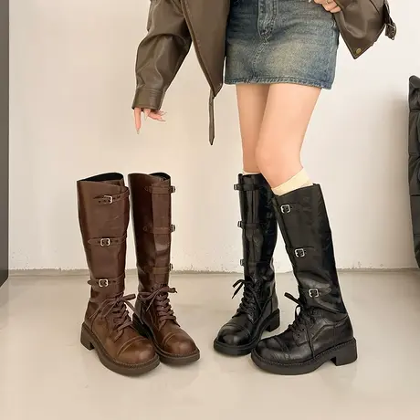 美拉德棕色靴子长筒靴女粗腿2025新款复古西部牛仔厚底高筒骑士靴图片
