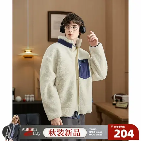 唐狮2025秋冬季新款男士仿羔毛外套短款立领拼接加厚保暖休闲风商品大图