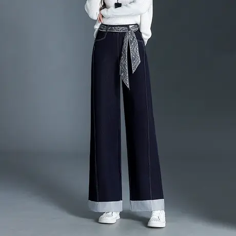 翻边阔腿牛仔裤女2025秋季新款高腰显瘦宽松直筒裤通勤休闲长裤子商品大图