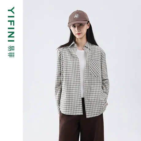 Yifini/易菲2025秋季新款斜格纹复古休闲通勤宽松衬衫女时尚百搭商品大图
