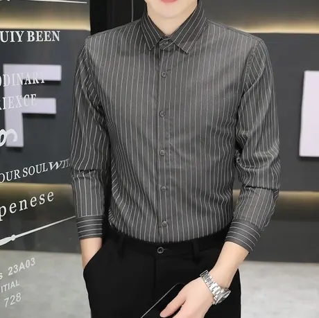 春秋季新款高级感男士长袖衬衫商务正装休闲条纹衬衣修身帅气寸衫商品大图