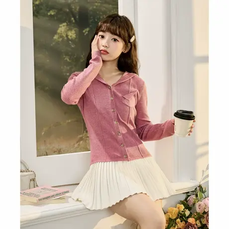 唐狮春季新款女连帽净色毛织打底衫修身显瘦小众设计感上衣TD图片