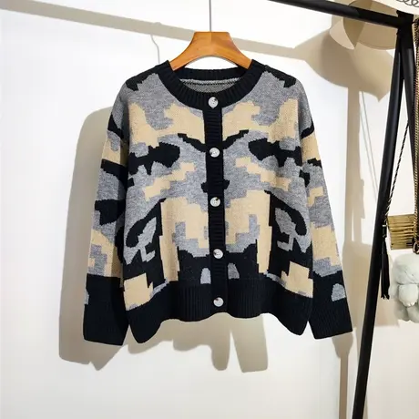 豹纹针织开衫女2023秋冬新款宽松圆领高级感洋气百搭短款毛衣外套图片