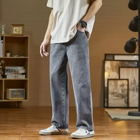 唐狮春秋季牛仔裤男宽松阔腿裤磨白复古潮流直筒个性时尚长裤商品大图