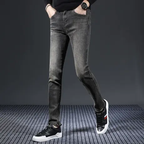 咖啡色牛仔裤男秋冬款2023新款修身小脚裤高端弹力休闲男装裤子商品大图