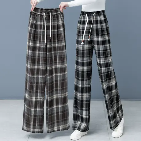 复古格子毛呢裤子2023秋冬新款加厚窄版高腰阔腿裤女宽松显瘦长裤图片