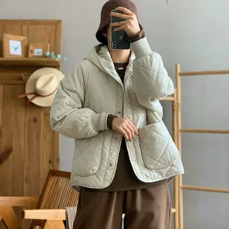 dza 复古短款菱格连帽棉服外套女冬宽松休闲棉衣纯色口袋棉袄上衣图片