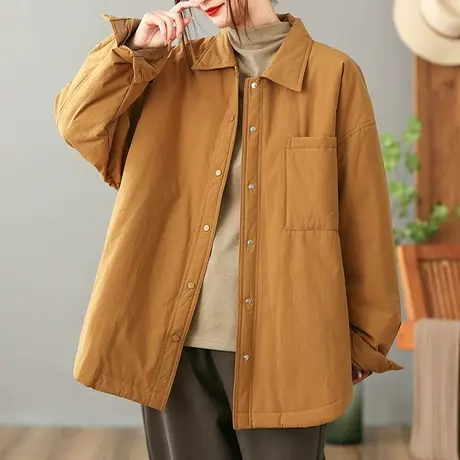 dza 复古中长款加厚衬衫式棉衣外套女冬保暖棉袄上衣休闲宽松棉服商品大图