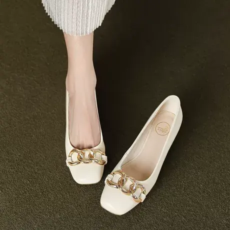 Safiya/索菲娅2023新款二层牛皮浅口粗跟单鞋女方头鞋子时装鞋女商品大图