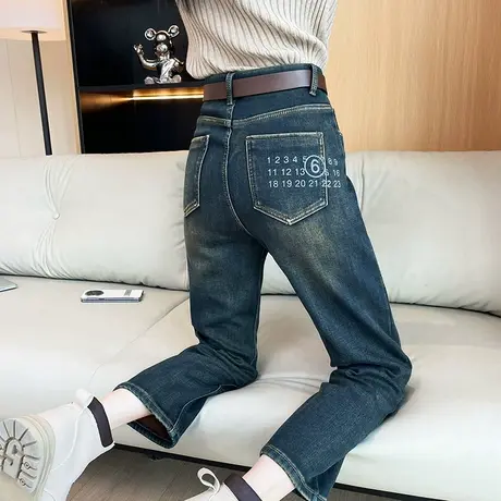 复古加绒高腰直筒牛仔裤女秋冬季大码高腰显瘦小个子九分烟管裤子商品大图