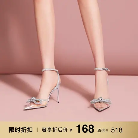 熙漫2023春夏新款包头凉鞋时尚水钻蝴蝶结女鞋气质细跟透明高跟鞋商品大图