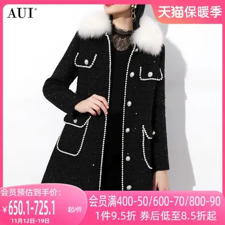 AUI黑色高端狐狸毛领毛呢外套女2023冬新款中长款修身呢子大衣厚图片