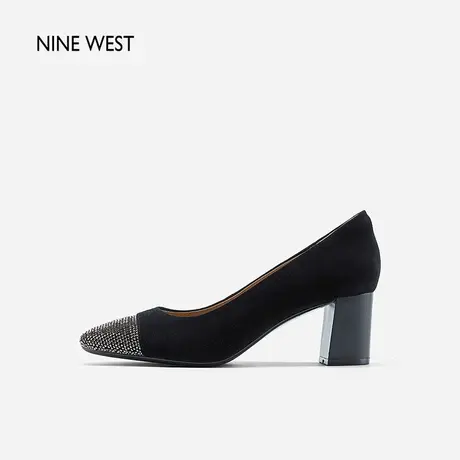 Nine West/玖熙复古反绒镶钻小香风高跟鞋春新款圆头拼接单鞋女鞋图片