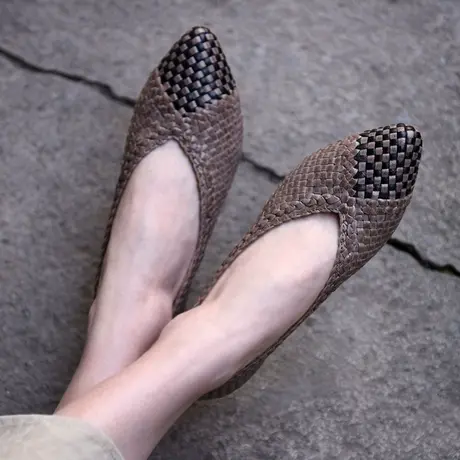 Artmu阿木原创手工编织女鞋单鞋女尖头真皮平底奶奶鞋2023新款商品大图