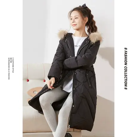 [商场同款]唐狮冬季羽绒服女及膝长款保暖连帽毛领加厚防寒日常图片