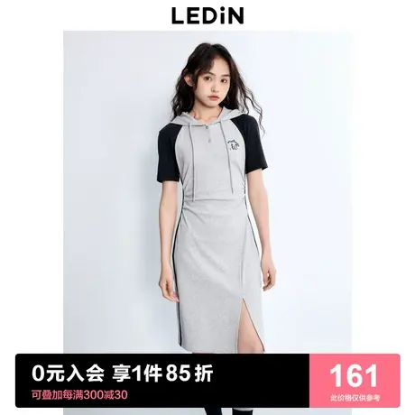 乐町休闲连帽短袖裙2023年夏季新款女装运动风收腰显瘦抽褶连衣裙商品大图