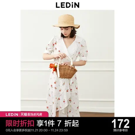 乐町甜美翻领碎花连衣裙2023年夏季新款设计感v领长裙女装茶歇裙商品大图
