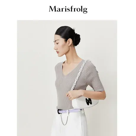 【桑蚕丝】玛丝菲尔夏款真丝坑条纹v领五分袖针织短袖T恤商品大图