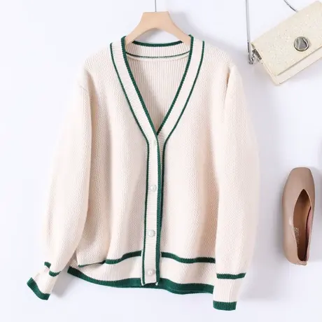 2023春季新品韩版宽松V领长袖针织衫女百搭纽扣开衫上衣毛衣外套商品大图