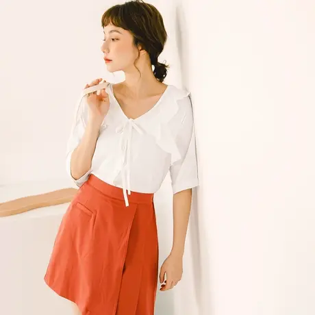 桔熊春秋季度假甜美舒适宽松纯色荷叶系带大V领上衣女大码AB13466商品大图