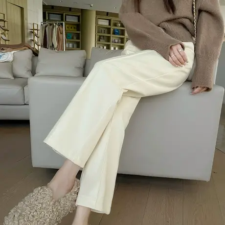 杏色阔腿直筒毛呢裤女秋冬新款高腰宽松显瘦加厚小个子九分西装裤图片