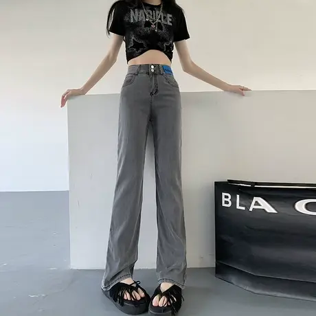 黑灰天丝牛仔裤女夏季薄款高腰窄版直筒冰丝莱赛尔垂感宽松阔腿裤商品大图