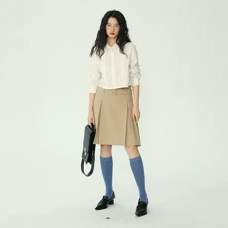 omont蛋挞家 腰带款百褶半身裙女春季2023新款高腰显瘦a字裙短裙图片
