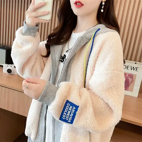 羊羔毛外套女秋冬季韩版宽松大码女装加绒加厚撞色米粒绒开衫卫衣图片