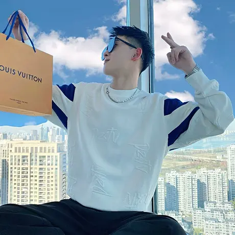 春秋季卫衣男ins潮牌撞色长袖T恤2023新款男装上衣痞帅重磅外套潮商品大图