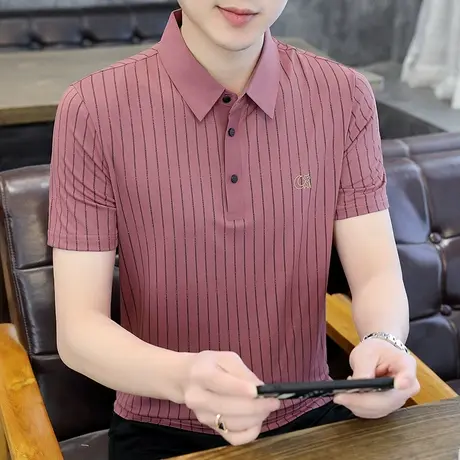 2024夏季翻领纯棉Polo衫男短袖韩版修身条纹休闲青年学生T恤打底商品大图