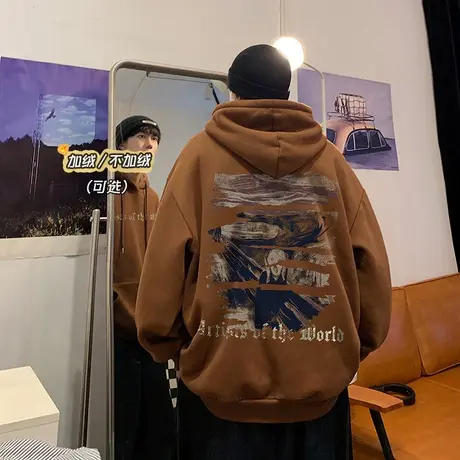 潮牌美式连帽秋冬季卫衣男潮ins宽松外套欧美风涂鸦设计感上衣服商品大图