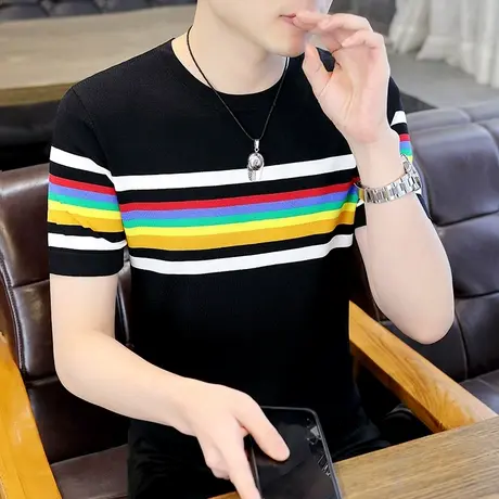 冰丝针织短袖男夏季彩虹条纹薄款冰麻凉感打底衫潮牌半袖休闲体恤商品大图
