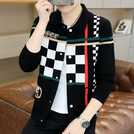 秋装外搭开衫毛衣男翻领潮牌帅气撞色格子外套欧洲站针织休闲夹克商品大图