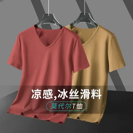 莫代尔男士V领短袖t恤潮牌夏季冰丝凉感速干半袖纯色体恤简约百搭商品大图