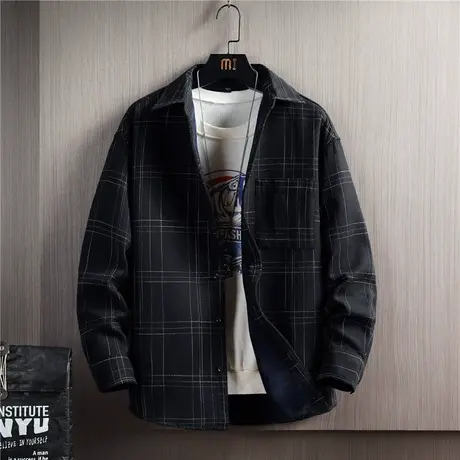 加绒格子衬衫男秋冬款休闲宽松翻领外套男潮牌青少年帅气内搭衬衣商品大图