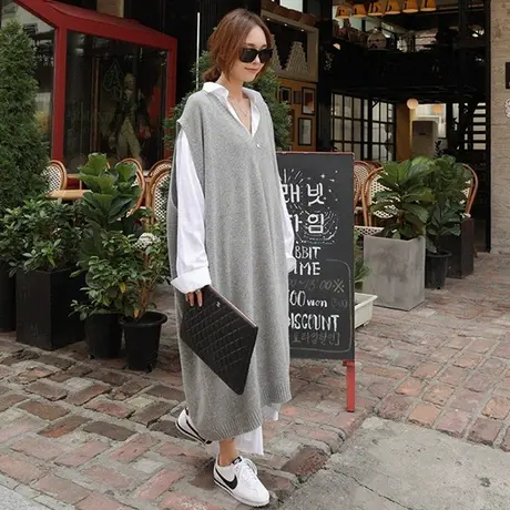 秋装新款衬衫女中长款韩版宽松大码系带收腰休闲过膝长款衬衫裙潮商品大图