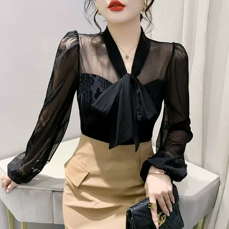 网纱拼接灯笼袖T恤女夏季2023新款性感气质上衣时尚系带修身小衫商品大图