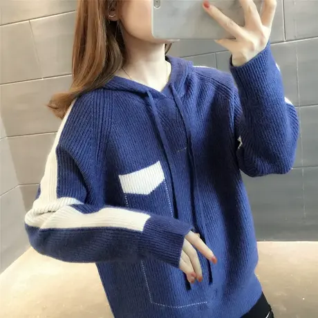 2023秋冬新款韩版百搭套头连帽针织衫女显瘦拼色长袖短款毛衣卫衣图片
